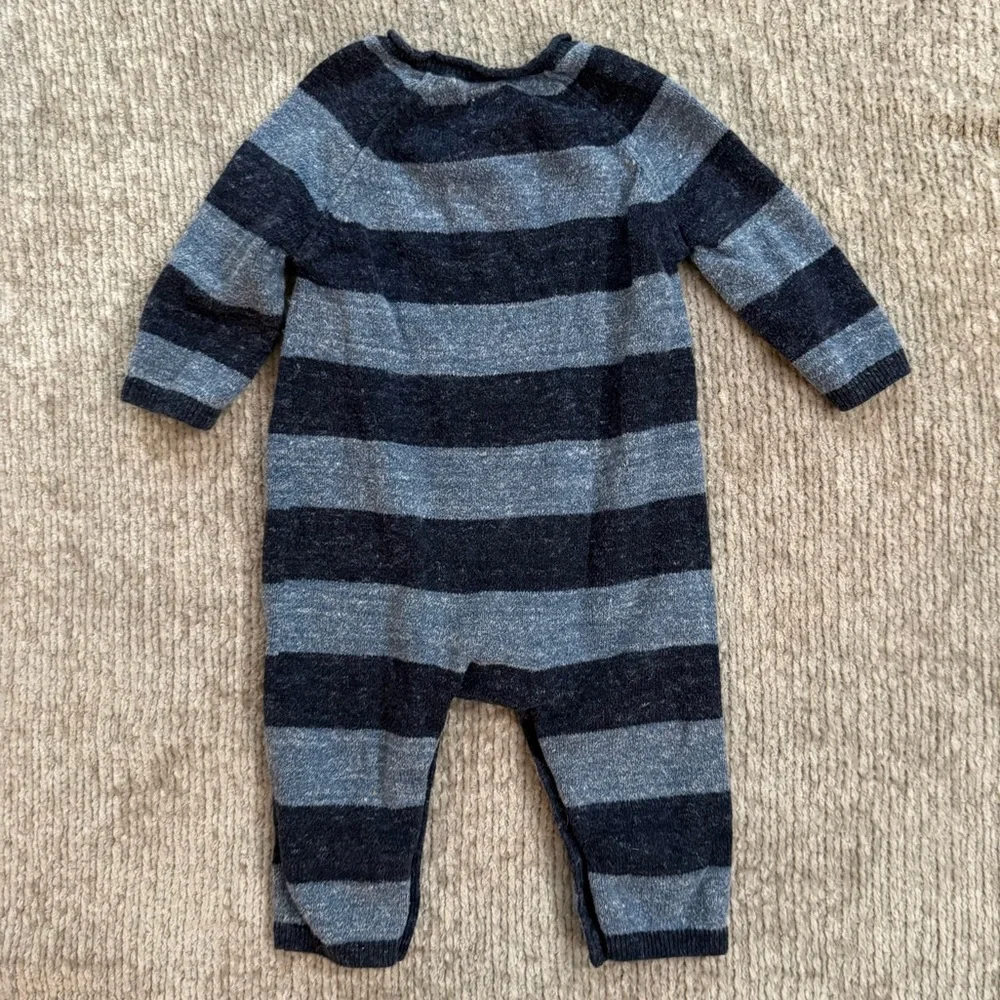 Baby Gap Knit Striped Romper 3-6M Navy Blue Gray Blue Teddy Bear One-Piece Rugby